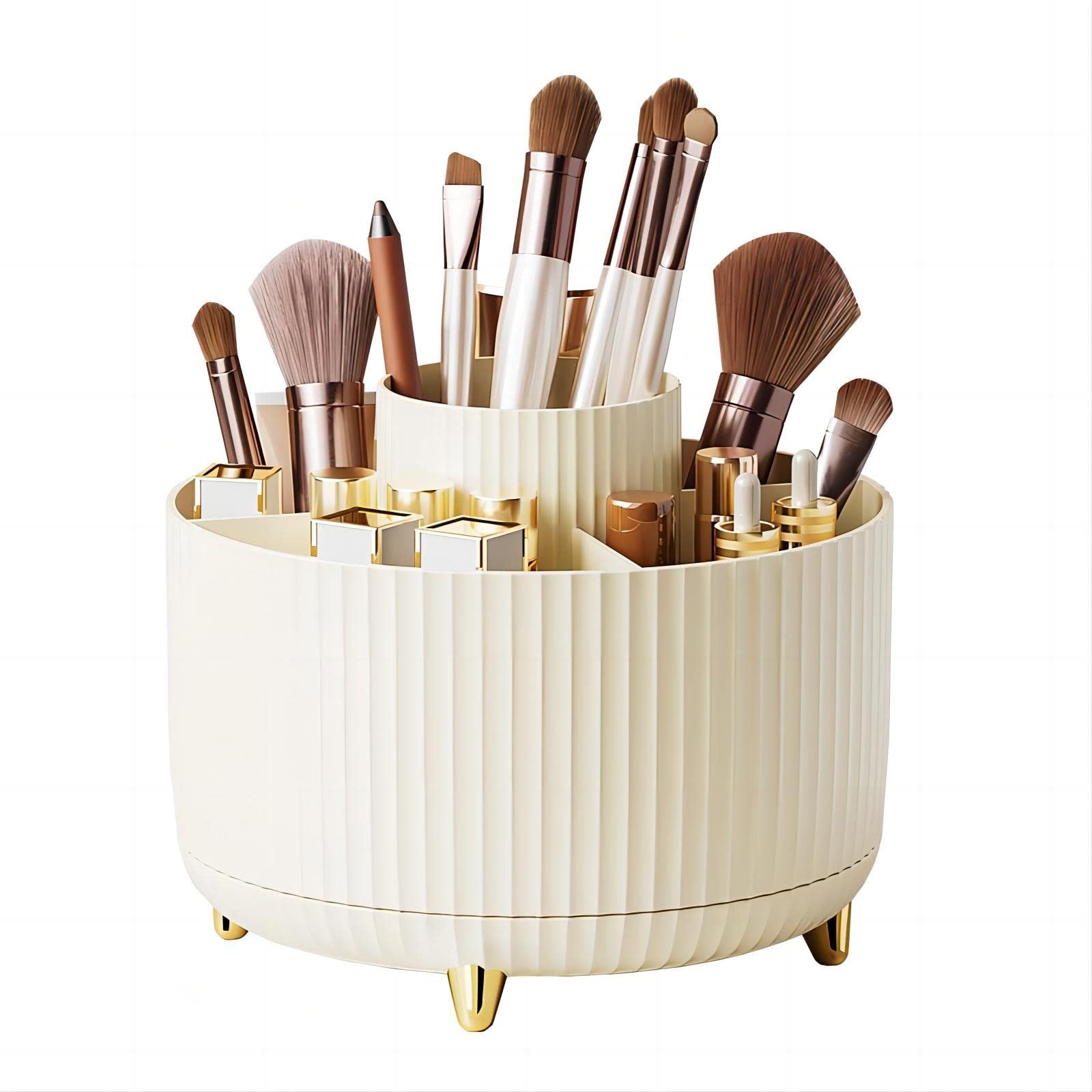 DASITON Large Capacity Makeup Brush Holder,360° Rotating Makeup Organiser,5 Slot Makeup Brushes Cup,for Vanity Decor,Bathroom Countertops,Desk Storage Container,Cosmetic Display Cases(Cream) — image 1