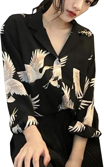 Amazon Mlboss ブラウス 長袖 Vネック レディース シフォン シャツ 鶴柄 ポロネック オープンカラーシャツ プリント おしゃれ 春 秋 総柄シャツ 和風 襟付き ファッション トップス シャツ ブラウス 通販
