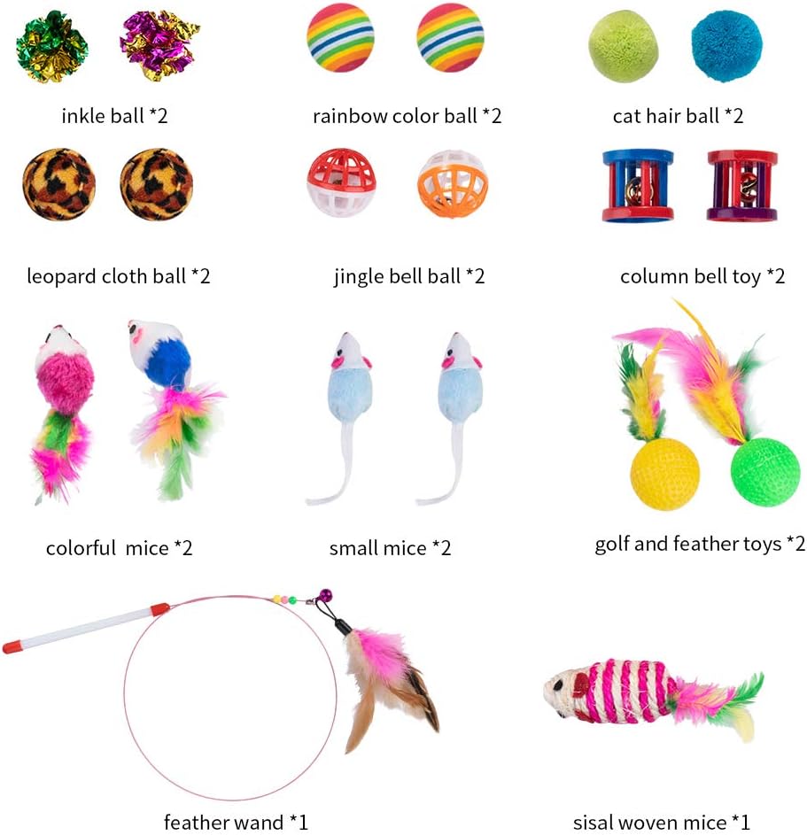 Dono 21Pcs Cats Feather Toys-Kitten Interactive Pet Toys Assortments (2 or 3 Way Hole Tunnel) Cat Feather Wand Fun Ball Chew Sticks, Fluffy Mouse, Fake Mice, Crinkle Balls, Bell Play Supplies : Pet Supplies