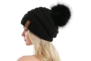 Queenfur Knit Slouchy Beanie for Women Thick Baggy Hat Faux Fur Pompom Winter Hat