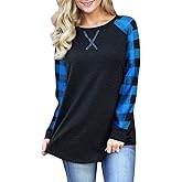 BAIKEA Womens Long Sleeve Buffalo Plaid Shirt Loose Fitting Patchwork Raglan Check Tops