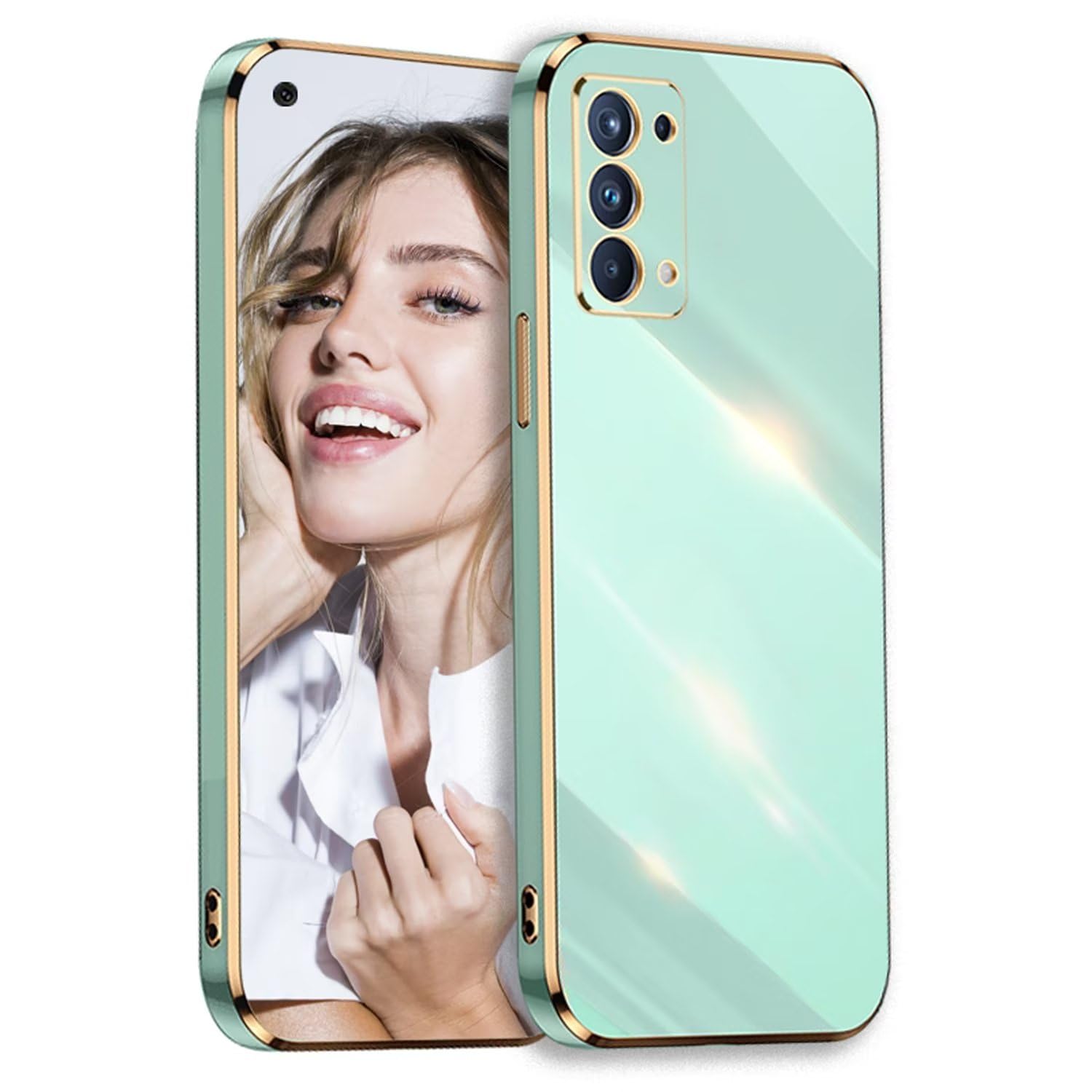 POUHYE Case for Oppo Find X3 Lite 5G, Flexible Silicone TPU Shockproof Protective Phone Case Full Camera Lens Protection for Girls Women, Golden Edging Bumper Cover Green