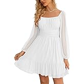 Wenrine Women's Mesh Long Sleeve Square Neck Dress High Waist A Line Ruffle Hem Flowy Casual Party Mini Dress
