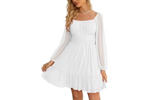 Wenrine Women's Mesh Long Sleeve Square Neck Dress High Waist A Line Ruffle Hem Flowy Casual Party Mini Dress