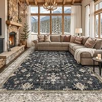 Black Boho Rug for Living Room 9x12 - Washable Dining Room Rugs for Under Table, Vintage Soft Low Pile Carpet for Bedroom, Non-Slip Farmhouse Bohemian Large Tumble Rug for High Traffic Area