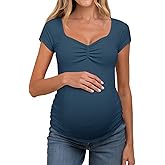 Tankaneo Womens V Neck Maternity Tops Cap Sleeve Fitted Breastfeeding T Shirts Summer Pleated Pregnancy Clothes