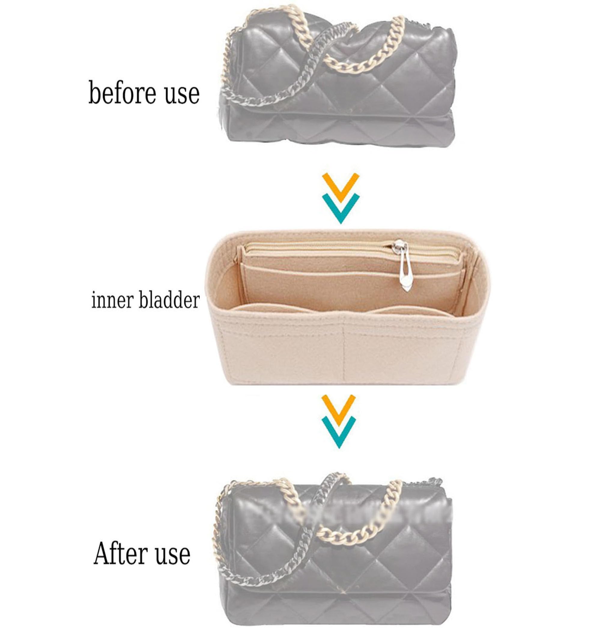 Purse Organizer Insert for 19 Flap Bag Large bag Organizer with Side Zipper Pocket 1016beige-M