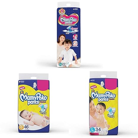 MamyPoko Pants Extra Absorb Diapers, XXL (Pack of 22), MamyPoko Pants Standard Diapers, Small (Pack of 46) & MamyPoko Pants Standard Diapers, Large (Pack of 34)