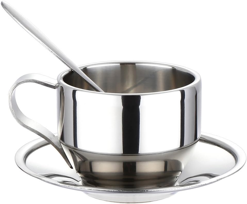 Stainless Steel Tea Coffee Mug Cups 135ml /4.9 Fl Oz Double Wall Insulated Coffee Tea Cup with Saucer Spoon Set for Coffee Tea Milk Home Kitchen Dining Use