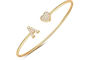 BRIJEWLIC Gold Initial Bracelets for Women Girls, 14K Gold Plated Gold Bangle Bracelets for Women Girls Dainty Gold Initial Bracelets Heart Bracelets for Women Girls Bridesmaids Bracelets Gifts