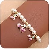 BXDA Gold Pearl Rhinestone Flower Cherry Charm Stack Bracelet for Women, Handmade Adjustable CZ Freshwater Pearls Stackable Bracelets Wedding Prom Jewelry Gift