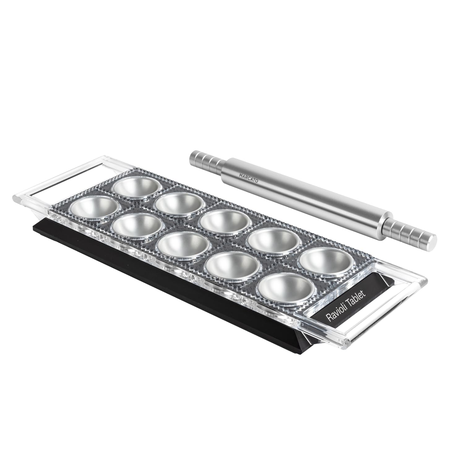 Marcato Ravioli Maker Press, Ravioli Machine, Homemade Ravioli Cutter, 50 mm Square Cut, Aluminum Rolling Pin Included, Made in Italy. Model: Ravioli Tablet, Black