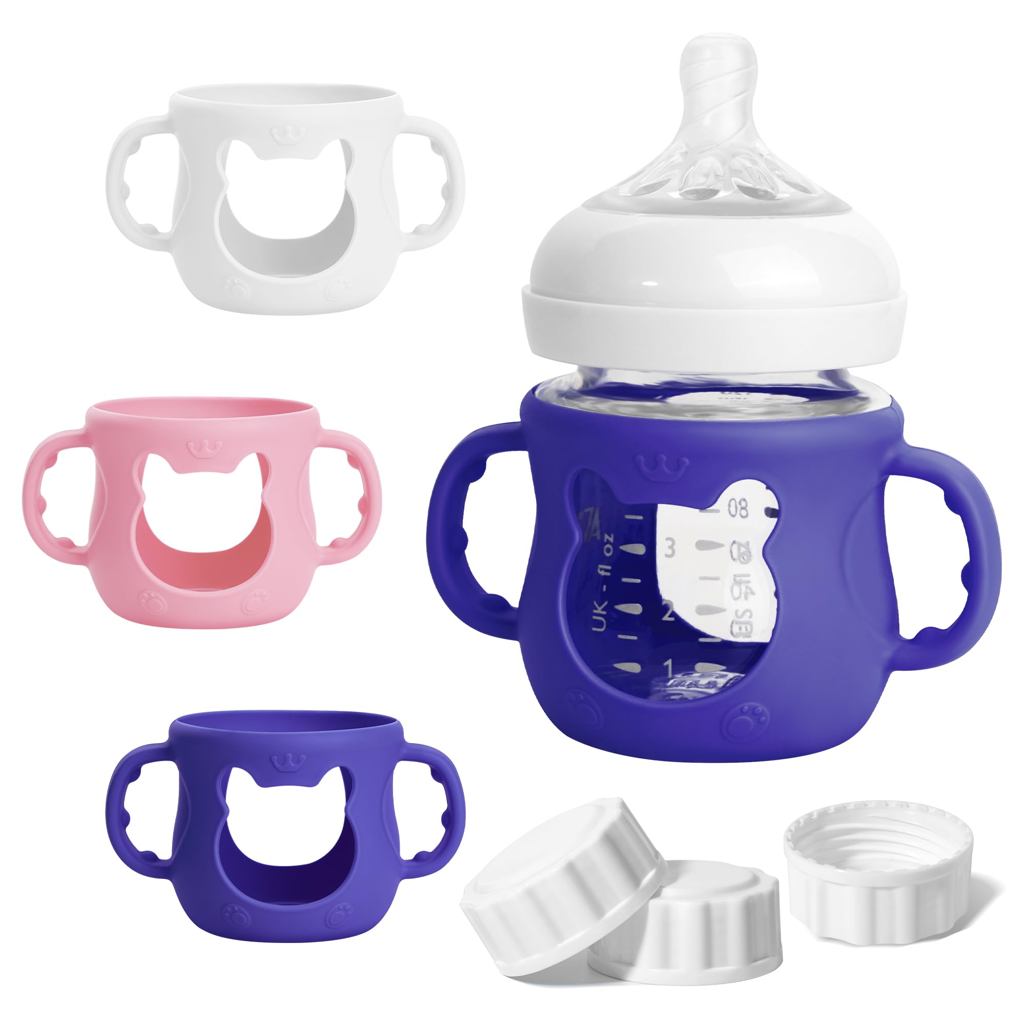 Photo 1 of 3 Pack Silicone Sleeves for Philips Avent Natural Bottle, Food Grade Silicone Cover and 3pcs Travel Caps, Lids Replacement (White+Pink+Purple, 4oz)