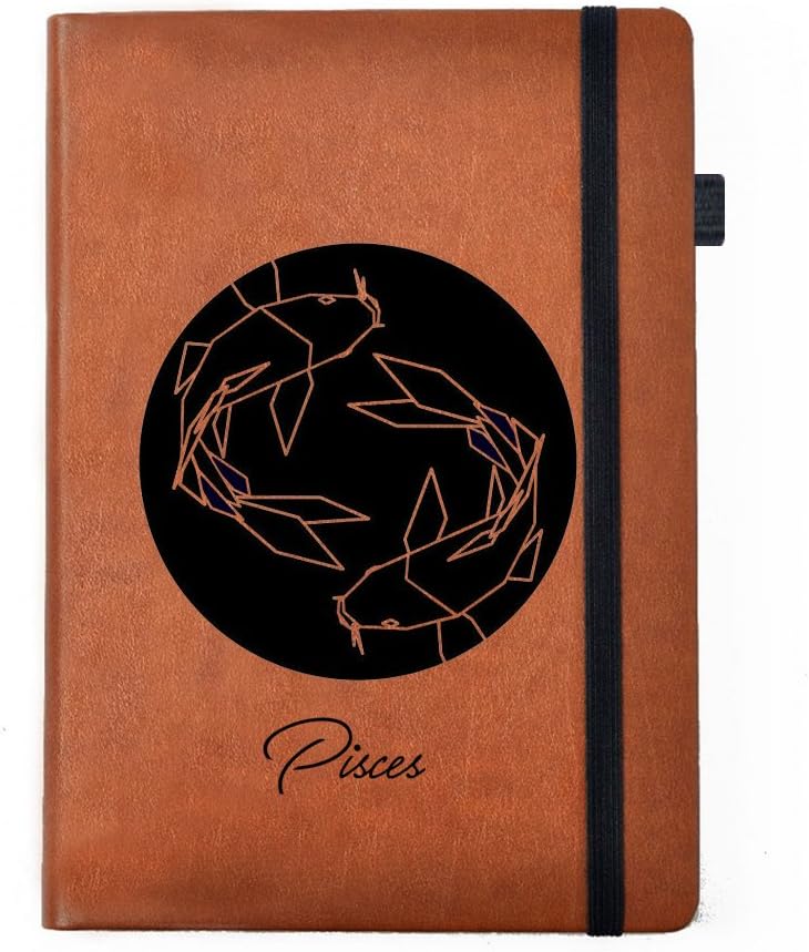 Hamee Premium Notebook Tan Brown Leather Hardbound Cover Classic Notebook / Diary / Organiser / Planner A5 Size Insta Note 2017 "Zodiac Pisces"