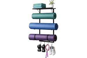 Yoga Mat Holder Wall Mount, Wall Mounted Yoga Mat Storage Rack with Shelf & Hooks, Home Gym Yoga Accessory Organizer for Mats