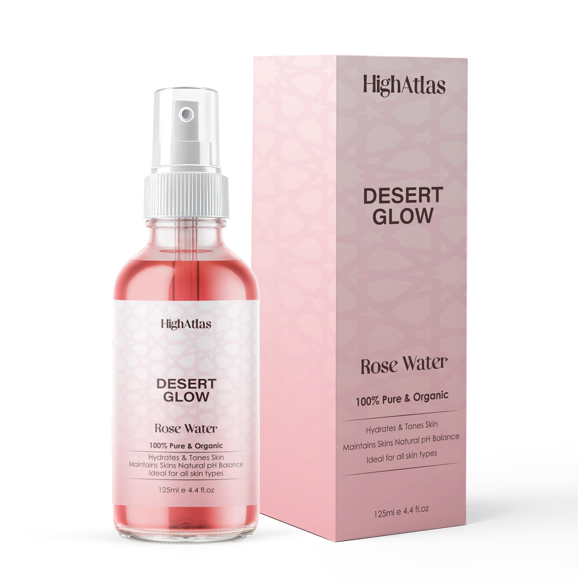 Pure Organic Rose Water by HighAtlas | Mist Facial Toner Atomizer Spray | 125ml | 100% Natural Distilled Rose Water from Morocco | Anti-Aging, Anti-Inflammatory, Soothes Dry Skin