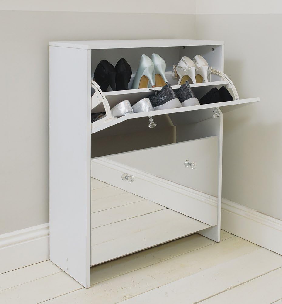 Two Drawer White Mirrored Shoe Storage Cabinet