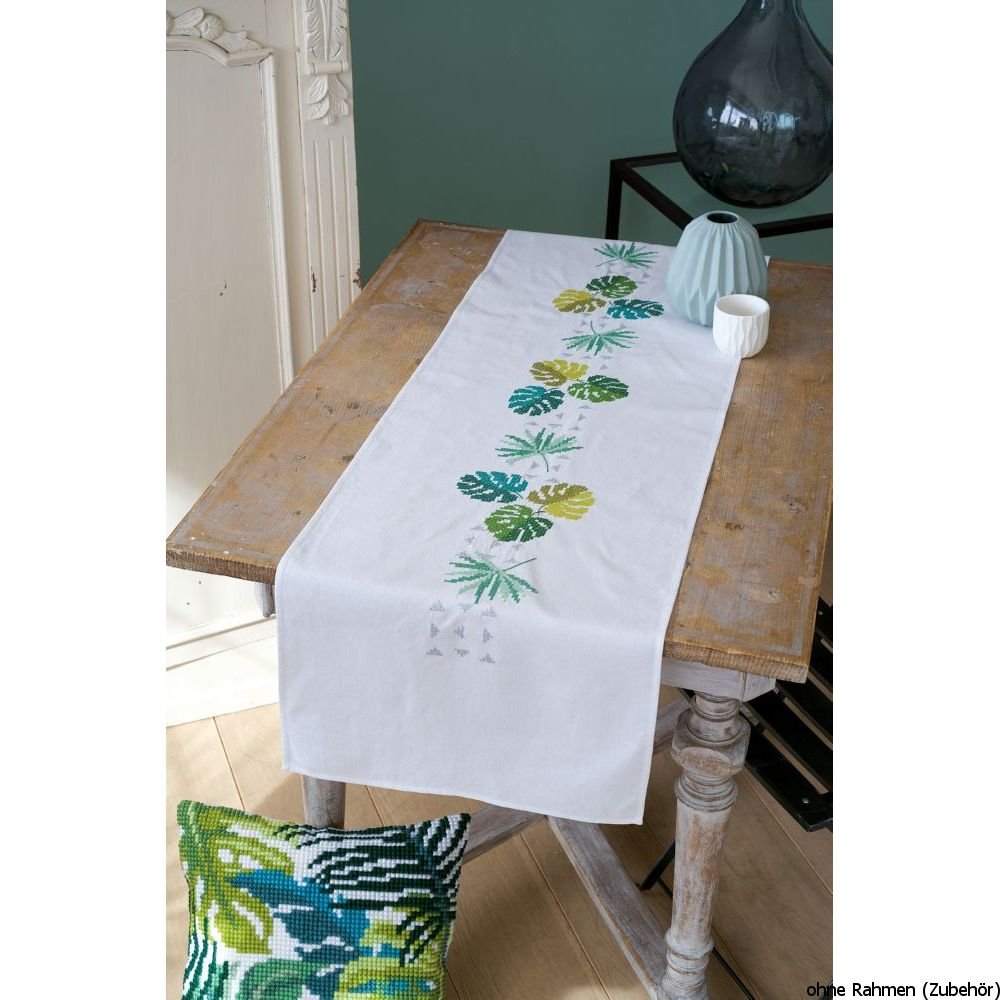 Vervaco Printed Table Runner Botanical Leaves, Cotton Blend, Assorted, 38 x 142 x 0.3 cm