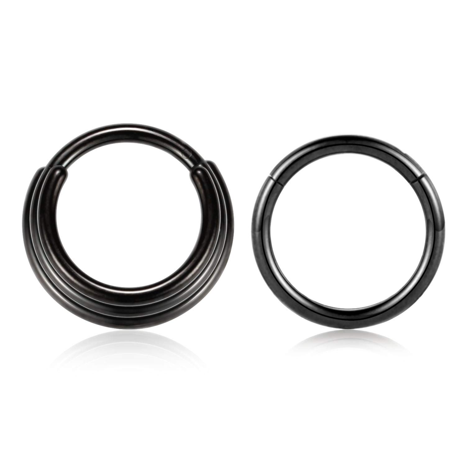 PEAKLINK Anillo de clic para tabique con bisagras apiladas de triple banda de 16 G, anillo de tabique de acero quirúrgico 316L de 10 mm, piercing de aro para la nariz, negro