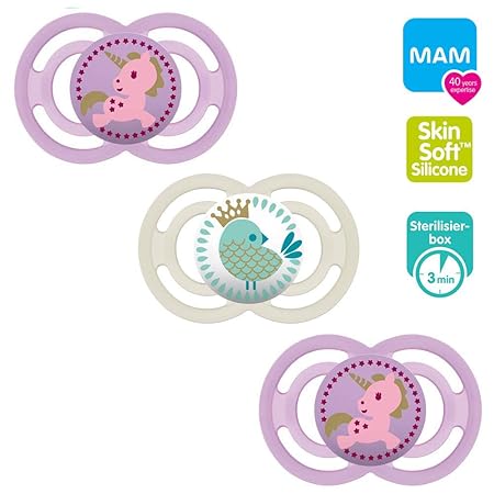 MAM Perfect Silikon Schnuller 16+ Girl Mix // 3er Set // inkl. 3 Sterilisiertrasportboxen
