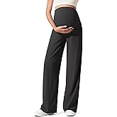 G4Free Maternity Lounge Pants with Pockets Over The Belly Stretchy Workout Pregnancy Wide Leg Trousers(Black,L,Regular)