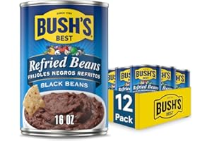 BUSH'S BEST 16 oz Canned Black Refried Beans, Source of Plant Based Protein and Fiber, Low Fat, Gluten Free, (Pack of 12)