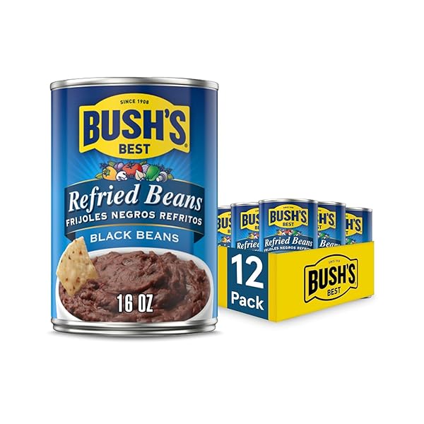 BUSH’S BEST 16 OZ CANNED BLACK REFRIED BEANS,...