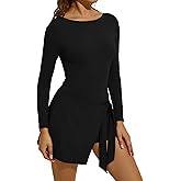 ABOCIW Long Sleeve Tennis Dress for Women High Neck Knot Wrap Sports Workout Romper Dress Golf Athletic Dress with Built in Shorts Y-Black Small