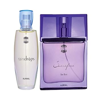 Ajmal Raindrops EDP Floral Chypre Perfume 50ml for Women and Sacrifice for HER EDP Floral Musky Perfume 50ml for Women + 2 Parfum Testers FREE