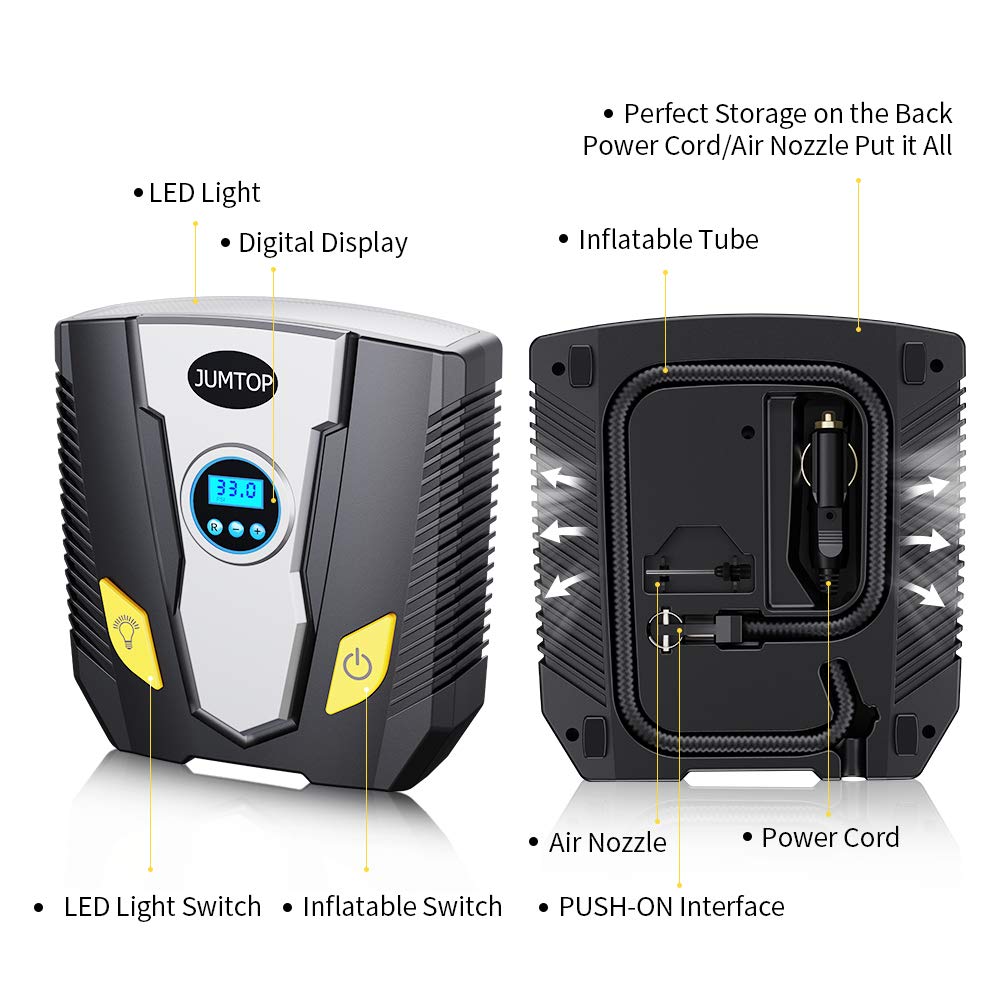 JUMTOP Compresseur d\'Air Portatif 12V/150PSI,Gonfleur Pneus Voiture, Gonfleur de Pneu avec l‘Affichage Numérique LCD, Pratique pour Gonfler le Pneu de Voiture/ Bicyclette/ Moto, Lampe LED Intégrée.