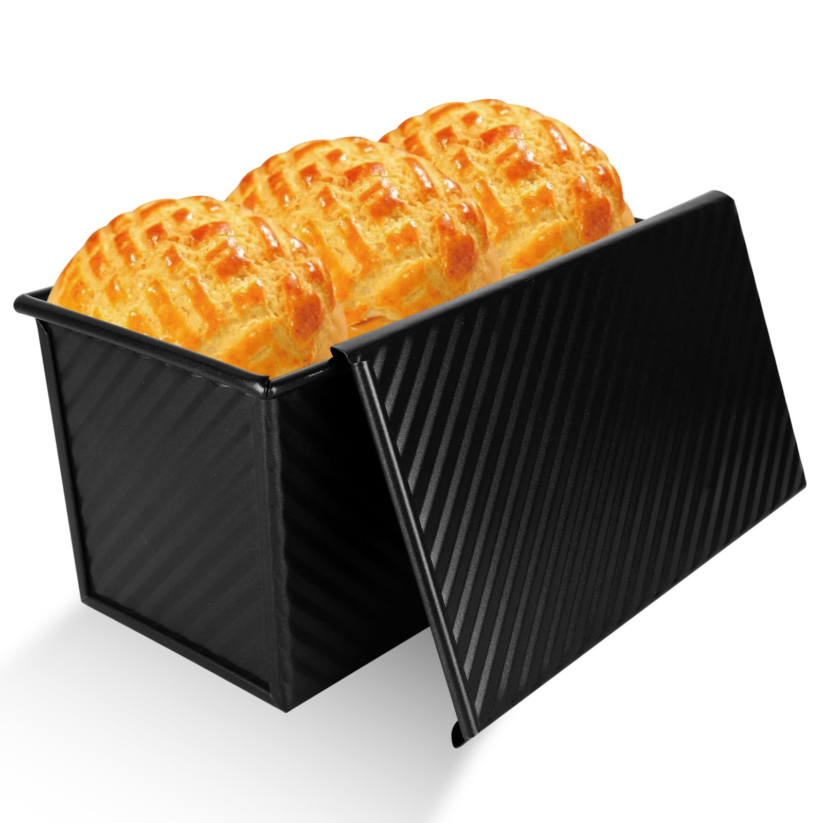 AKOLAFE Loaf Tin with Lid 1lb(450g) Bread Loaf Tin Non Stick Pullman Loaf Pan with Slide Cover, Steel Toast Bread Pan Bread Tins for Baking Bread, Black, 20X12X11CM, ALUK-LOAFPAN-1-BLACK