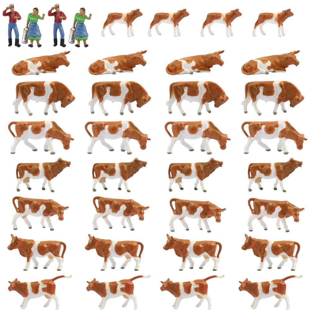 Farm Animals Figure Toys Set,AN8705 36PCS 1:87 Well Painted Model Cows and Figures for HO Scale Model Train Scenery Layout Miniature Landscape NEW