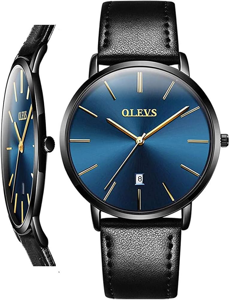 OLEVS Mens Wrist Watches Ultra Thin 6.5mm Minimalist Leather Blue Dial Watch Business Dress Waterproof Date Slim Watches for Men