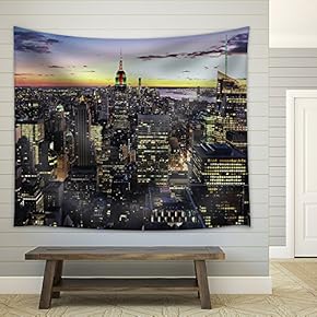 New York City Skyline with Urban Skyscrapers at Sunset, USA - Fabric Wall Tapestry Home Decor - 51x60 inches