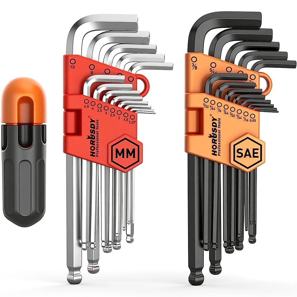 HORUSDY 27PCS Durable Hex Key Allen Wrench Long Arm Set with Ball End, Metric and Standard Sizes Allen Key Set with Another T Handle, Heat-Treated CR-V Steel