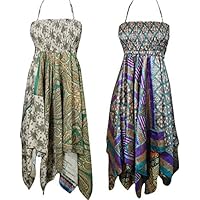 Mogul Interior Lot Of 2 Raven Womens Sundress Handkerchief Hem Recycled Sari Beach Resort Wear Halter Dress S/M