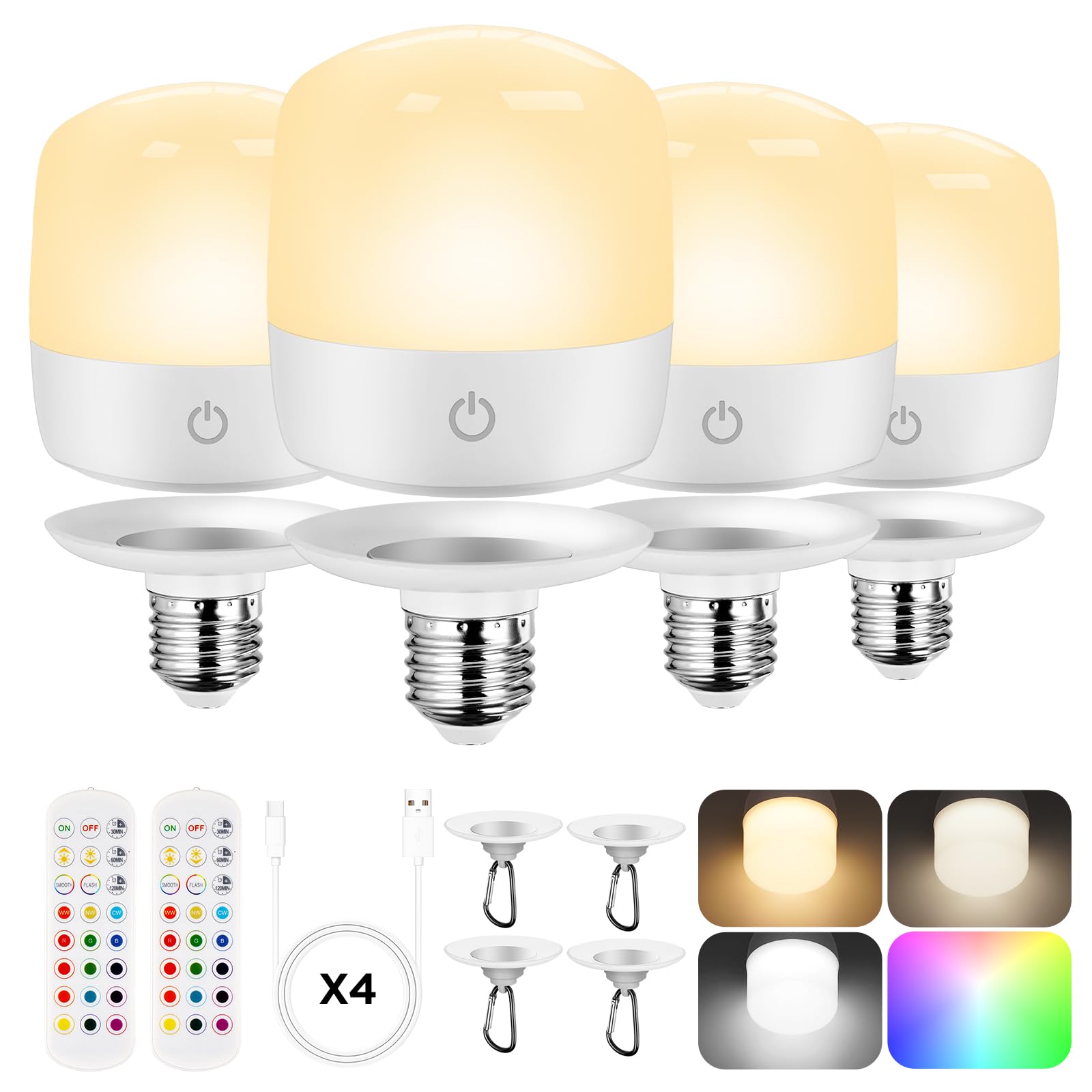 Photo 1 of Rechargeable Battery Operated Light Bulb, Dimmable LED Bulb with Remote & Detachable Base, 4000mAh E26 Battery Powered Light Bulb for Non-Hardwired Lamps with 15 Colors Selectable & 3 Timer, 4Pack