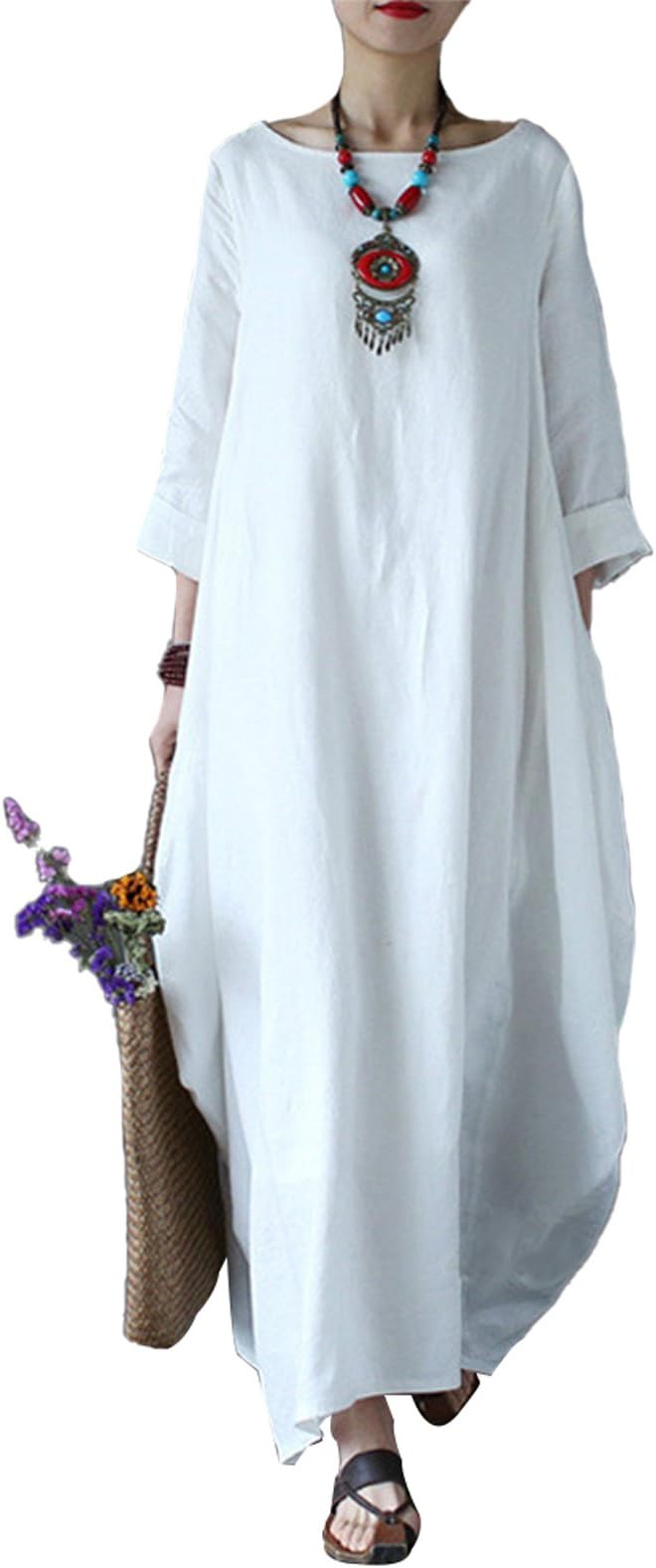 Autumn Solid Loose Long Maxi Dress Cotton Caftan