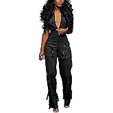 LKOUS Cargo Jumpsuits for Women Dressy, Sexy Short Sleeves V Neck Zipper One Piece Outfits with Pockets