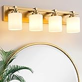 BrkNit 4 Light Modern Bathroom Light Fixtures Over Mirror, Brass Finish Vanity Lights for Bathroom Wall Sconces with Milky Wh