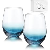Joeyan Handmade Blue Stemless Crackle Wine Glasses Cups,Large Crystal Red Wine Tumblers,Aesthetics Glassware Collection, Home Gift,Set of 2,19 oz