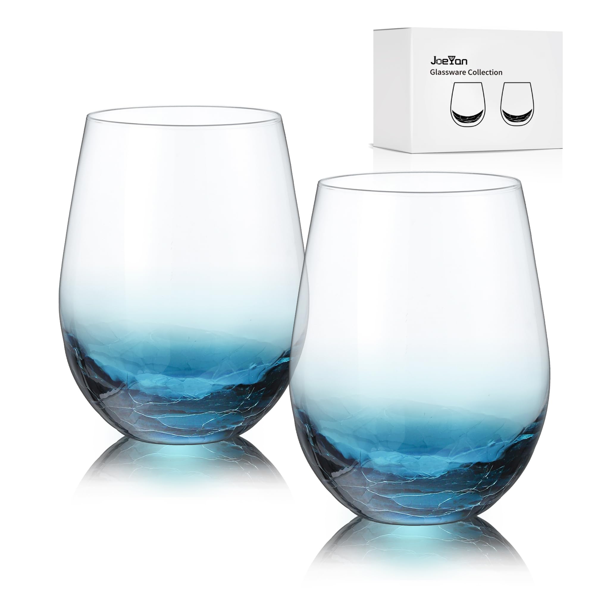 Joeyan Crackle Stemless Wine Glasses Set of 2-560ml Hand Blown Crystal Red/White Wine Glasses - Blue Large Wine Cups Glass Tumblers for Wedding, Birthday, Anniversary, Christmas Party