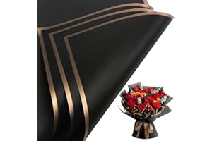 Buperor 20 Sheets Flower Bouquet Wrapping Paper, 22.5 x 22.5 inch Folding Package Floral Wrapping Paper for Wedding Birthday Valentine's Day Gift DIY Bouquets Gold Trim Black