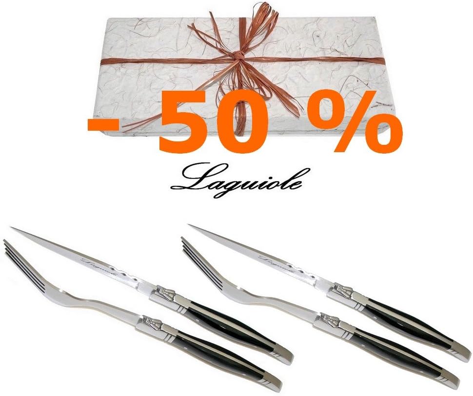 Genuine LAGUIOLE - Steak Set for 2 People in Gift-box (Steak Knives + Matching Forks) - Picasso Black - Blade: Smooth - Original - Direct From France