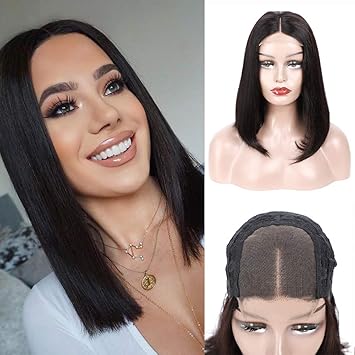 Straight Hair Bob Lace Frontal Wig Brazilian Virgin Human Hair 4x4 Lace Closure Wig With Baby Hair Short Hair Bob Wig For Women Natural Black Color By