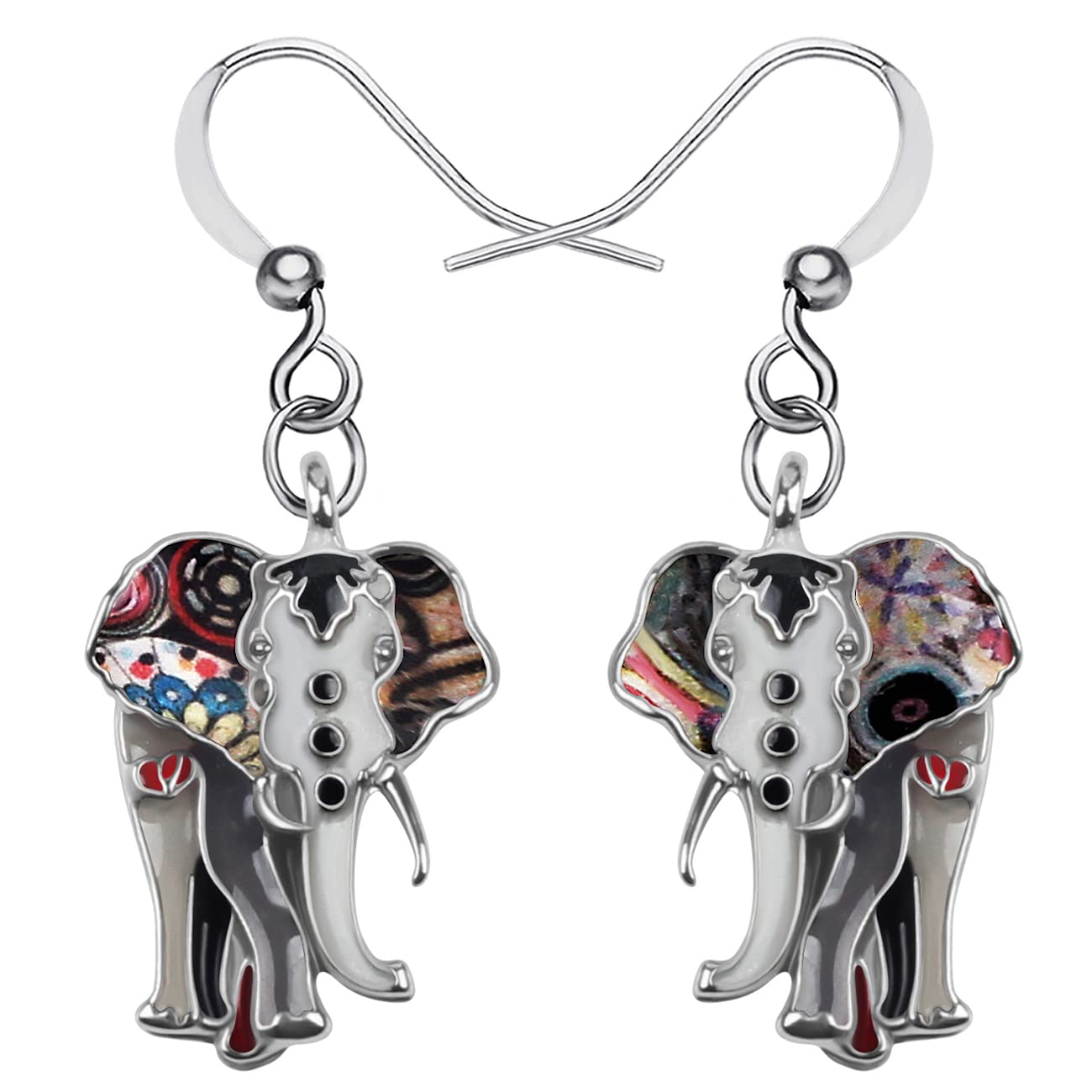 Enamel Alloy Jungle Elephant Earrings Dangle Stud French Clip Fashion Jewelry For Women Girls Charm Gift (Black)