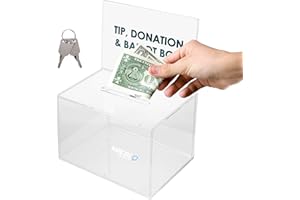 Versco Unlimited Verso Clear Acrylic Donation Box with Lock and Sign Holder - 6.3x4x4.2 Inch Lockable Fundraising, Tip, and Ballot Box - Small Money Collection Box for Schools, Events, and Businesses