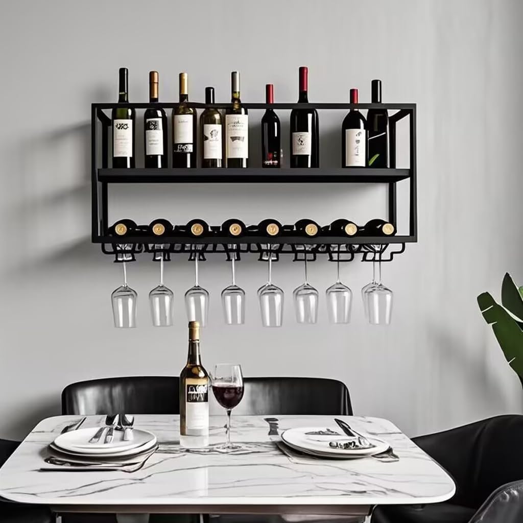 Photo 1 of AKOGG Modern Wine Rack Wall Mounted with Glass Holder,Metal Liquor Shelf, Floating Bar Shelves,Liquor Bottle Display Shelf,Hanging Large Capacity Wine Storage Racks for Home Kitchen Dining Room