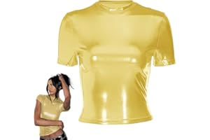 MANJIAMEI Women's Shiny Tops, Holographic Metallic Short Sleeve Slim Fit T-Shirt, Shimmer Crop Top Mock Neck Party Blouse