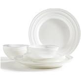 Tabletops Gallery 12 Piece Ridges Opal Glass Dinnerware Set, Kitchen Dinnerware Set, Microwave Dishwasher Safe, Plates, Bowls, Service for 4, White